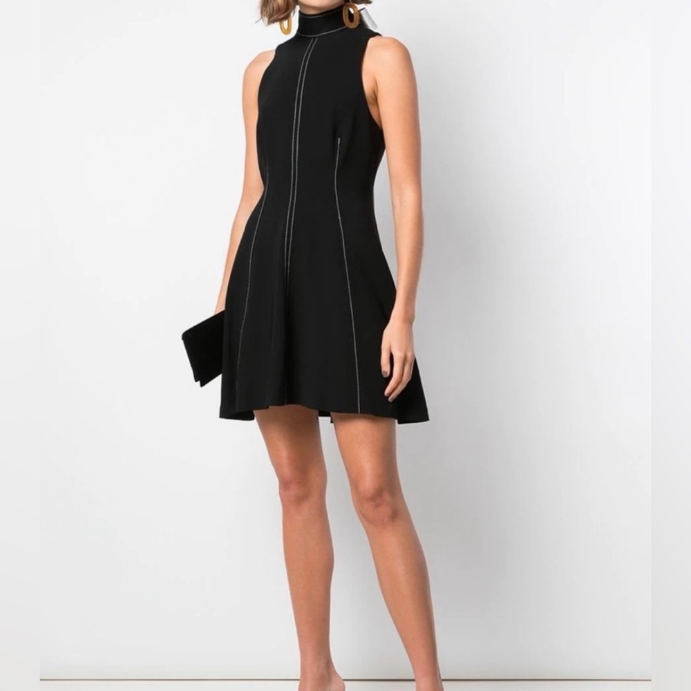 Cinq à Sept Black Mini Dress Angie stitch detail contract neck tie cocktail 0